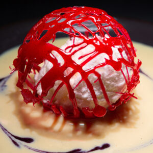 Ile flottante et sphère d'isomalt x coulis de myrtille
