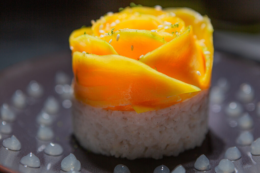 Sticky rice (riz gluant) vanille mangue x gel citron vert-menthe